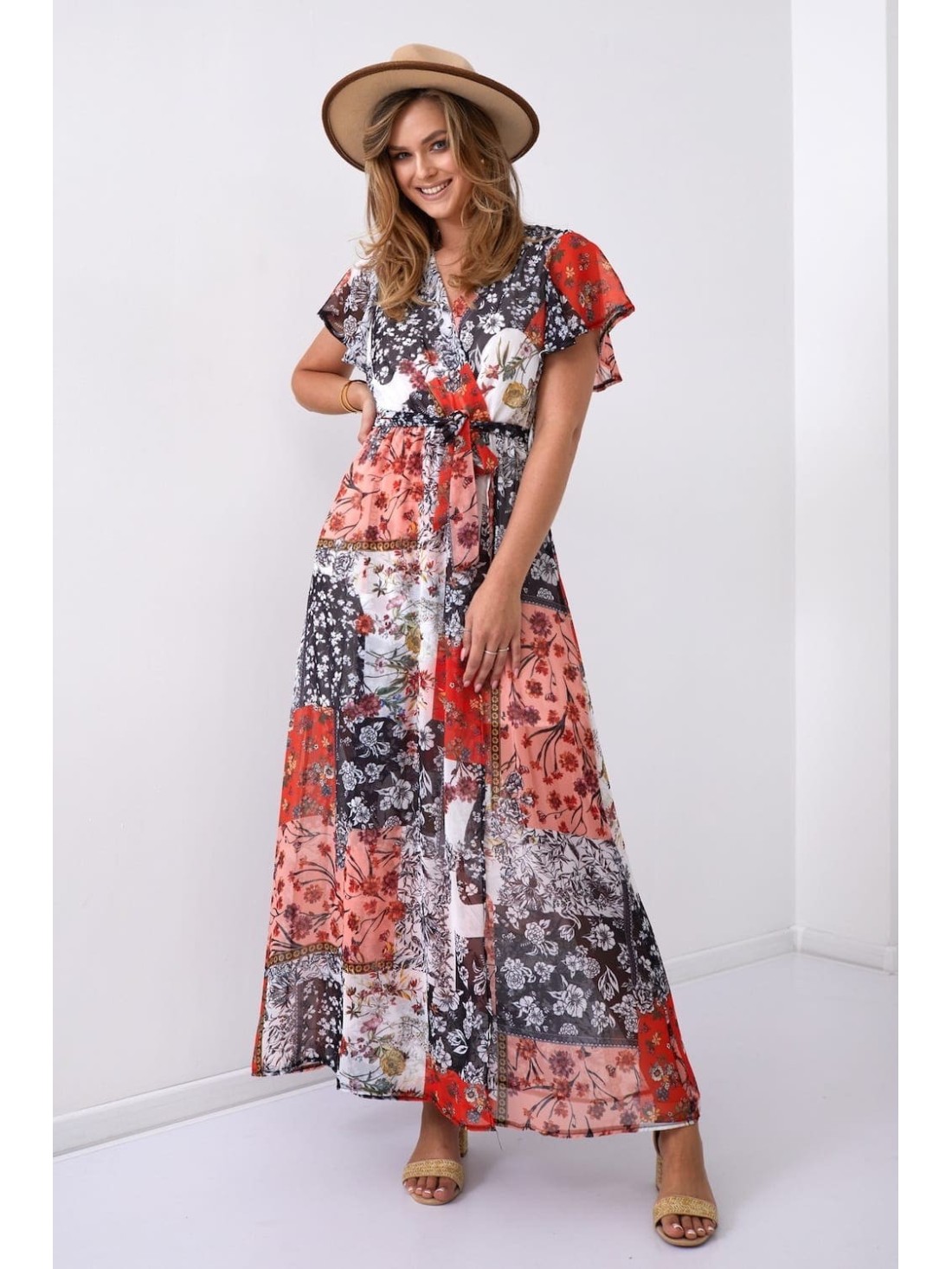 Maxi-Wickelkleid mit Gürtel, orange FG646 – Online-Shop – Boutique